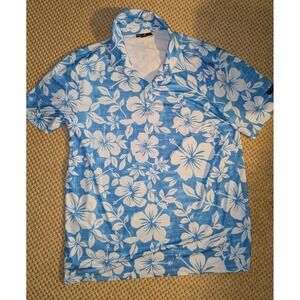 Yatta Golf Polo Shirt Mens 2XL Blue White Floral Hibiscus Print Stretch Tropical